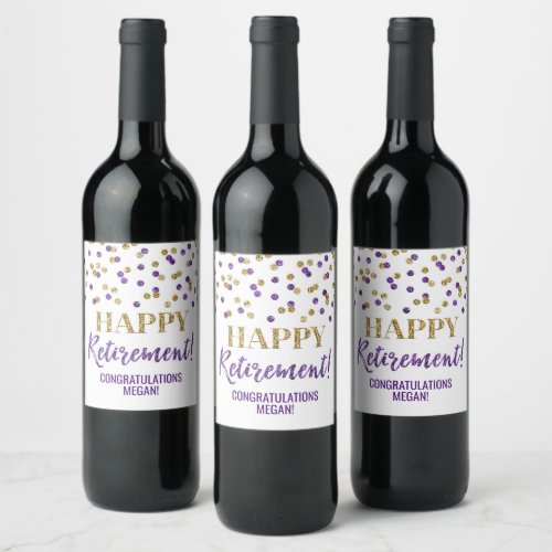Happy Retirement Purple Gold Confetti Wine Label
