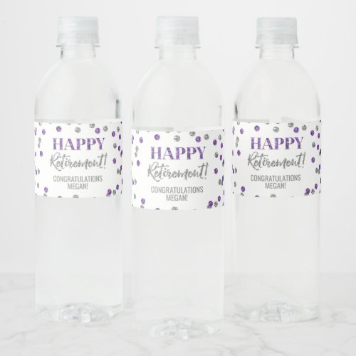 Happy Retirement Purple Silver Confetti Water Bottle Label