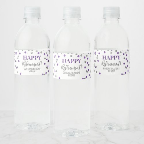 Happy Retirement Purple Silver Confetti Water Bottle Label