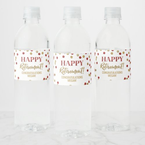 Happy Retirement Red Gold Confetti Water Bottle Label
