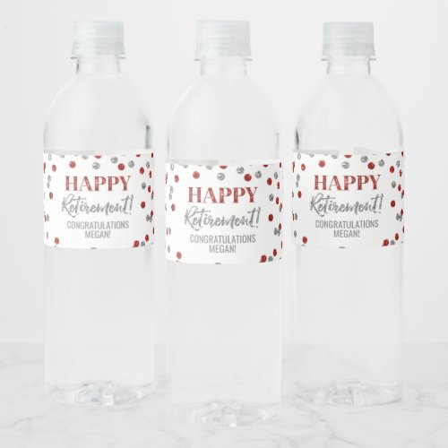 Happy Retirement Red Silver Confetti Water Bottle Label