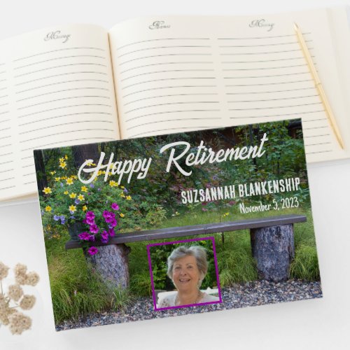 Happy Retirement Rustic Bench Flowers Custom Photo Guest Book