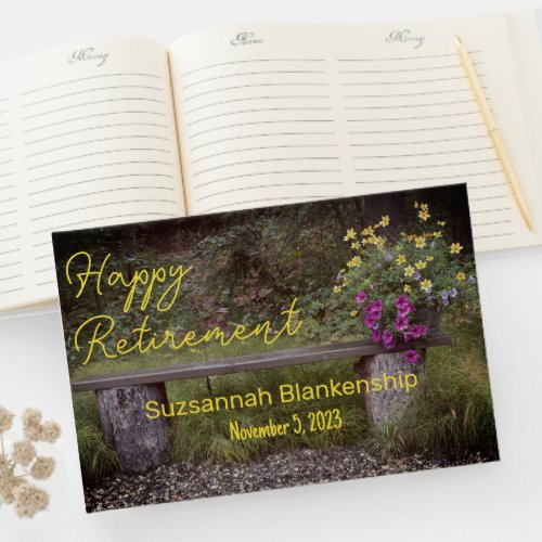 Happy Retirement Rustic Bench Flowers Photo Custom Guest Book