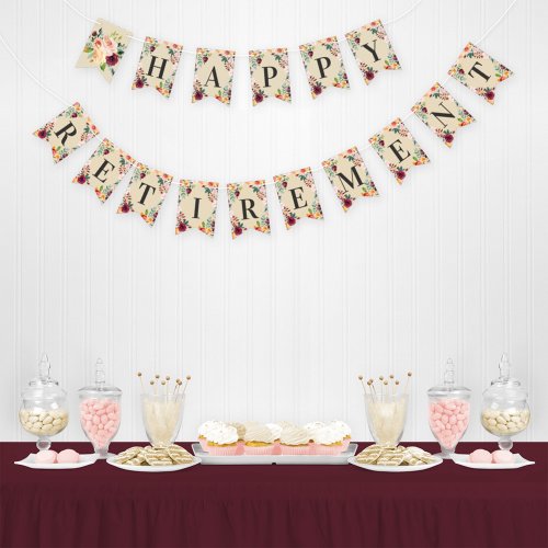 Happy Retirement Rustic Burgundy Pink Fall Floral Bunting Flags