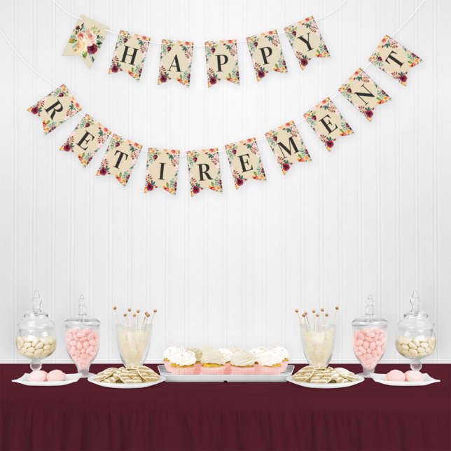 Happy Retirement Rustic Burgundy Pink Fall Floral Bunting Flags (Creator Uploaded)