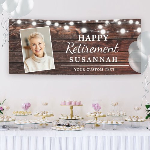 Happy Retirement Rustic Wood String Lights Photo Banner