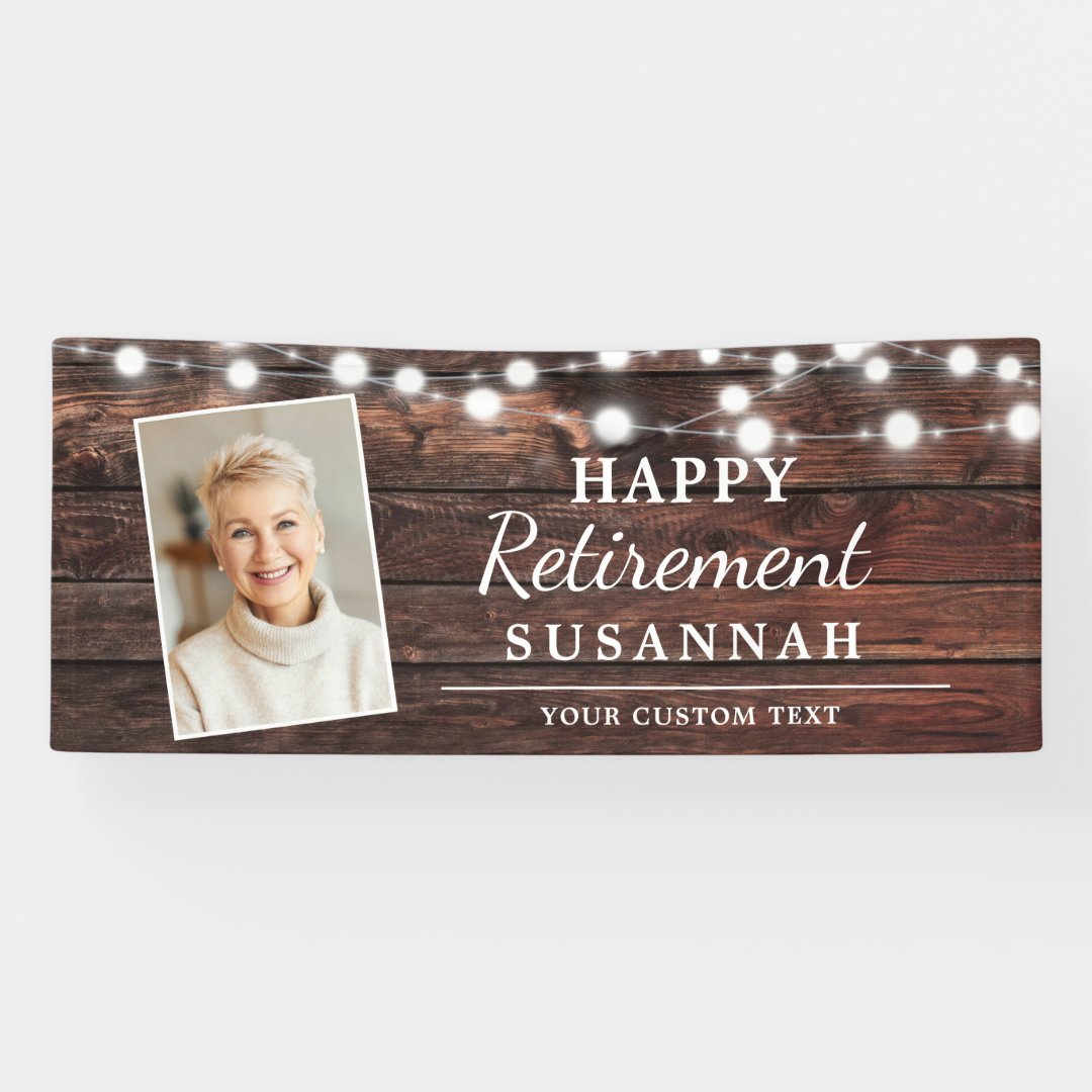 Happy Retirement Rustic Wood String Lights Photo Banner | Zazzle