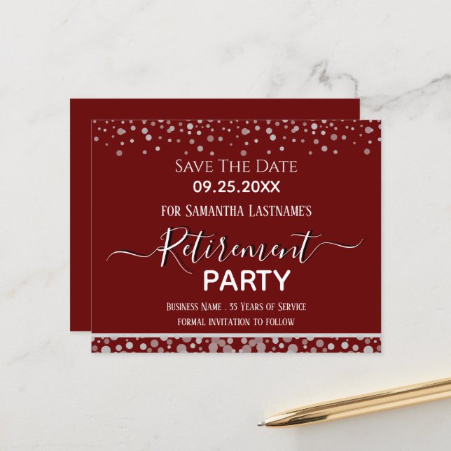 Happy Retirement Silver Confetti Save the Date (Front/Back In Situ)
