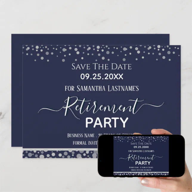 Happy Retirement Silver Confetti Save the Date Invitation | Zazzle