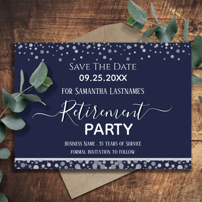 Happy Retirement Silver Confetti Save the Date Invitation (Creator Uploaded)