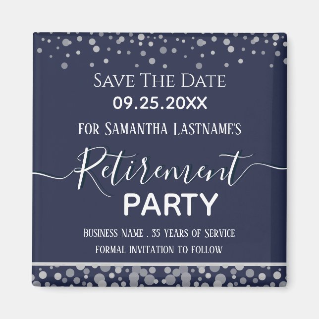 Happy Retirement Silver Confetti Save the Date Magnet (Front)