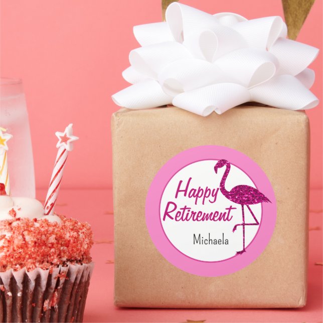 Happy retirement sparkly pink flamingo Custom text Classic Round Sticker (Party)