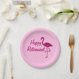 Happy retirement sparkly pink flamingo Custom text Paper Plates