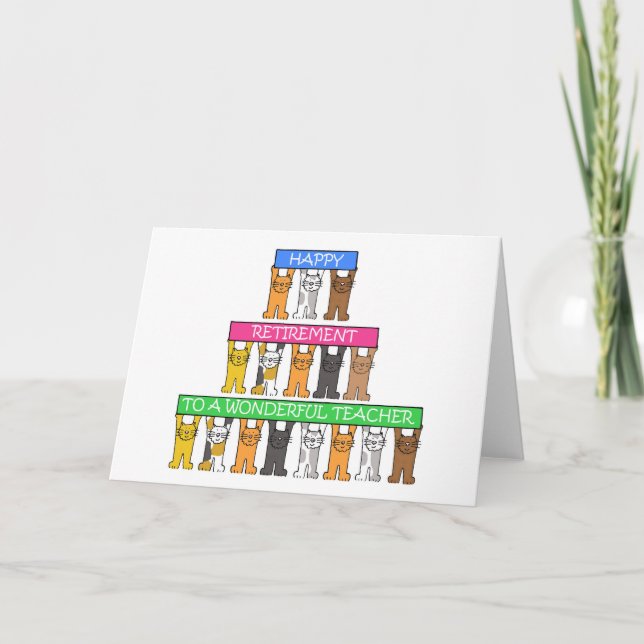 Happy Retirement Teacher Cartoon Cats Card (Front)
