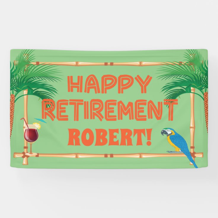 Happy Retirement Tiki Parrot Palm Tree Banner | Zazzle