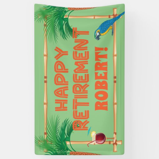 Happy Retirement Tiki Parrot Palm Tree Banner | Zazzle