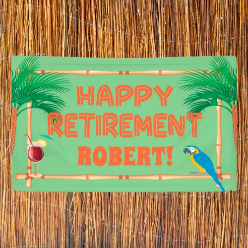 Happy Retirement Tiki Parrot Palm Tree Banner