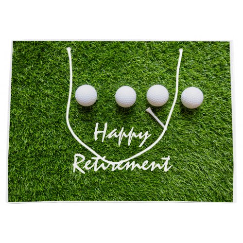 Happy Retirement to golfer with golf ball on green Large Gift Bag