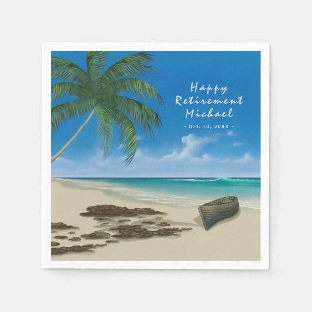 "Happy Retirement" Tropical Beach Custom Paper Napkins (Front)