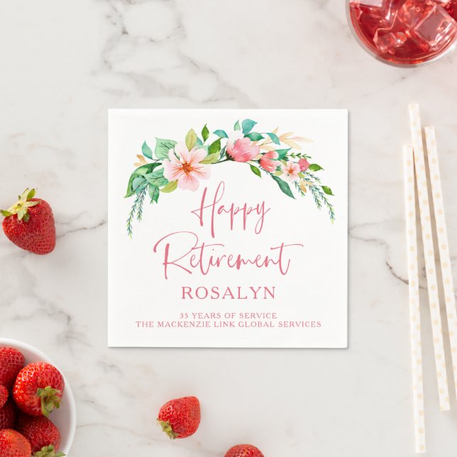 Happy Retirement Tropical Floral Pink Script Napkins (Insitu)