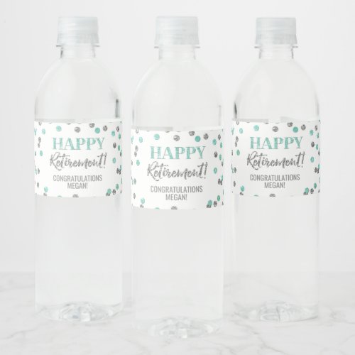 Happy Retirement Turquoise Silver Confetti Water Bottle Label