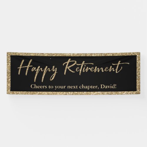 Happy Retirement Typography Gold Glitter and Black Banner