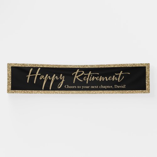 Happy Retirement Typography Gold Glitter and Black Banner