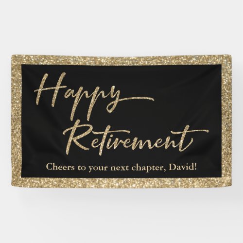 Happy Retirement Typography Gold Glitter and Black Banner