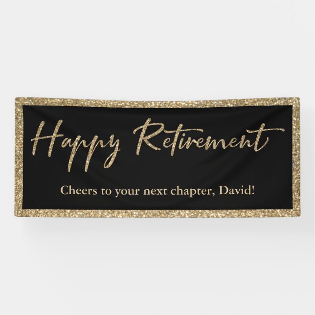 Happy Retirement Typography Gold Glitter and Black Banner (Horizontal)