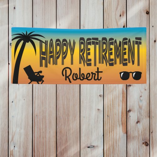 Happy Retirement with beach chair and palm tree Banner