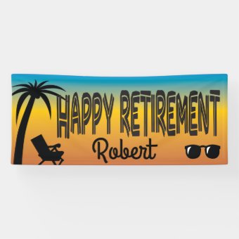 Happy Retirement with beach chair and palm tree Banner | Zazzle