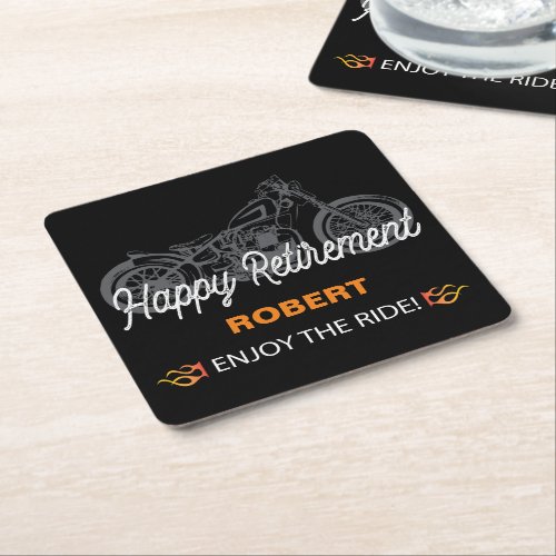 Happy Retirement with Motorcycle for Biker Square Paper Coaster