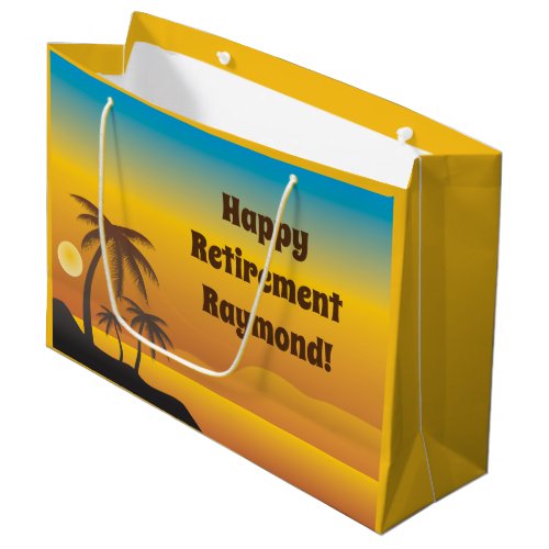 Happy Retirement with palm trees beach scene Large Gift Bag