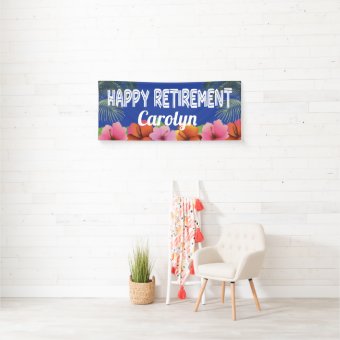 Happy Retirement with tropical palms and flowers Banner | Zazzle