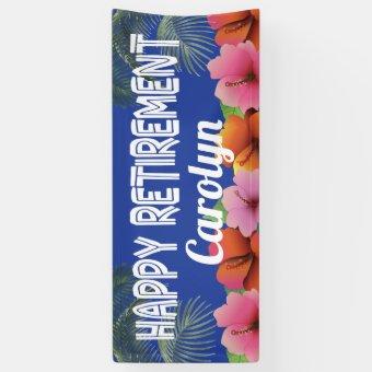 Happy Retirement with tropical palms and flowers Banner | Zazzle