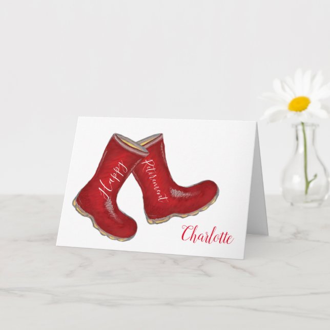 Happy retirement woman's red gardening welly boot card (Small Plant)