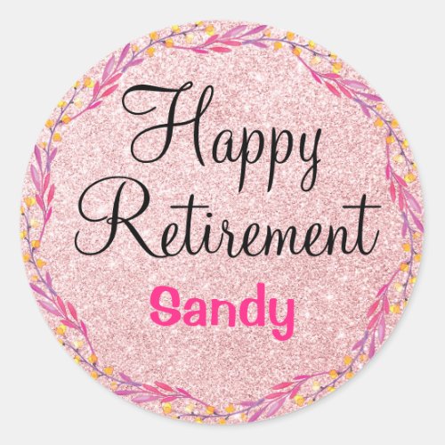 Happy Retirement Wreath Rose Gold Glitter Sparkles Classic Round Sticker