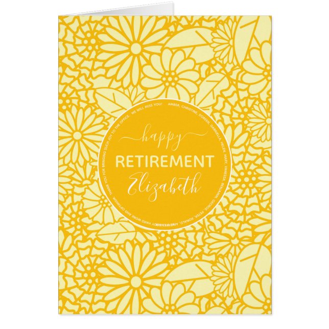 Happy Retirement yellow daisy pattern name Cards (Front)