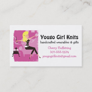 Happy retro blonde girl knitting needles yarn business card