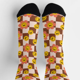 Happy Retro Checkered Pattern with flowers Socks