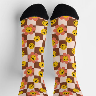 Happy Retro Checkered Pattern with flowers Socks