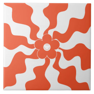 Happy Retro Daisy in Orange and White Ceramic Tile