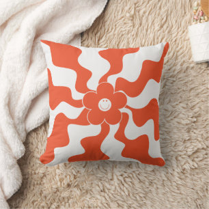 Happy Retro Daisy in Orange and White Throw Pillow