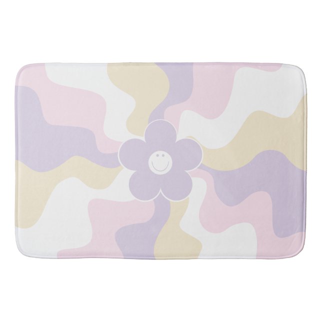 Happy Retro Daisy - Pastel Pink, Yellow and Purple Bath Mat (Front)