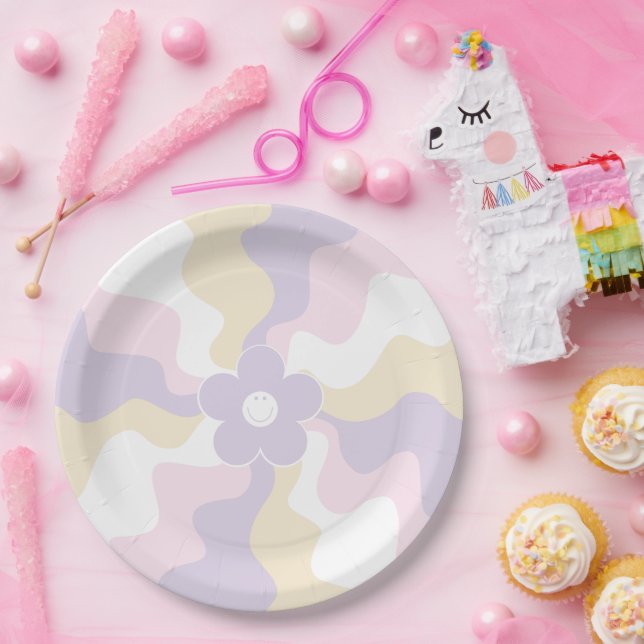 Happy Retro Daisy - Pastel Pink, Yellow and Purple Paper Plates (Party)