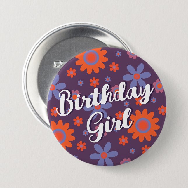  Happy Retro Flowers 70s Daisy Cute Birthday Girl Button (Front & Back)