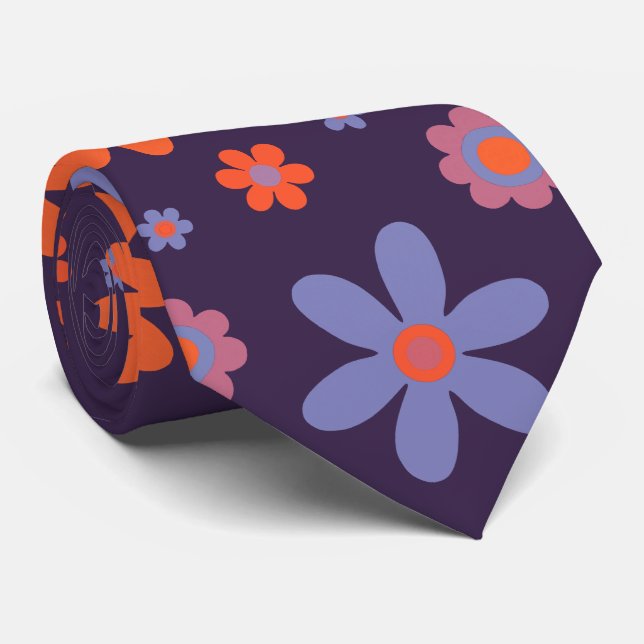  Happy Retro Flowers Cute 70s Hippie Daisy Pattern Neck Tie (Rolled)