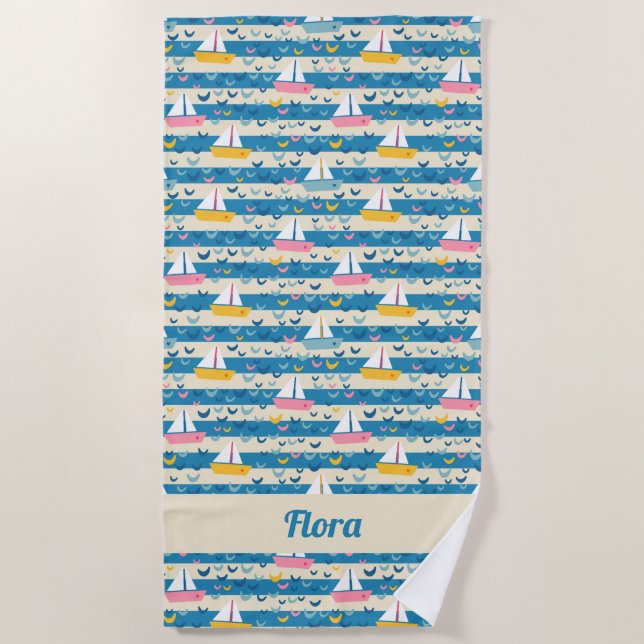 Happy retro pink sailing boats on blue stripes beach towel (Front)