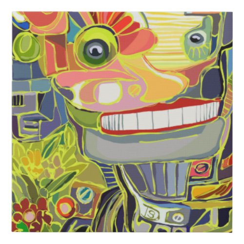 Happy Robot taking a selfie with nature Faux Canvas Print