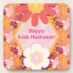 Happy Rosh Hashanah Jewish New Year Floral Pattern Beverage Coaster